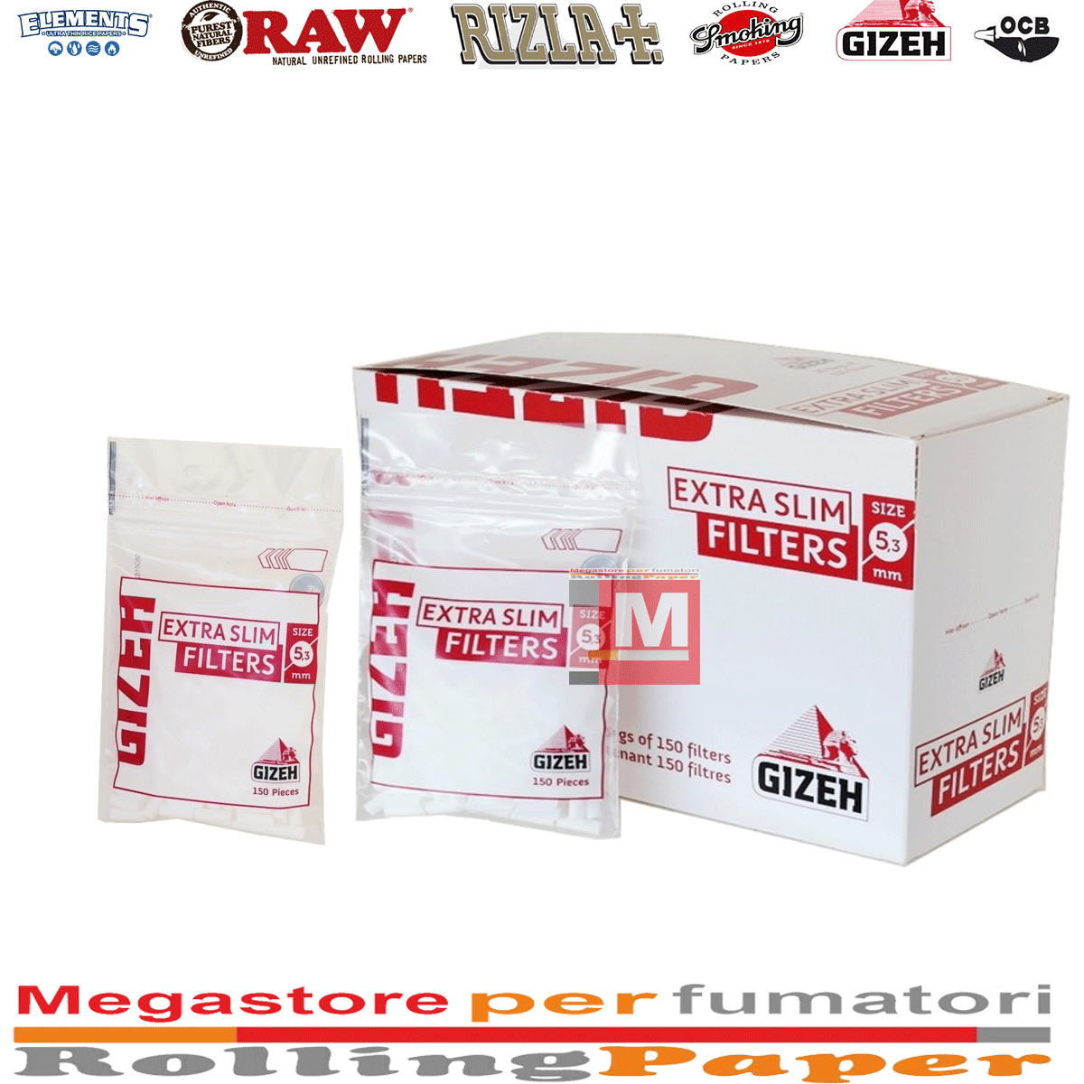 Filtri Gizeh Extra Slim 5,3mm – Spugna Liscia, 20 Bustine x 150 (Totale 3000 Filtri)