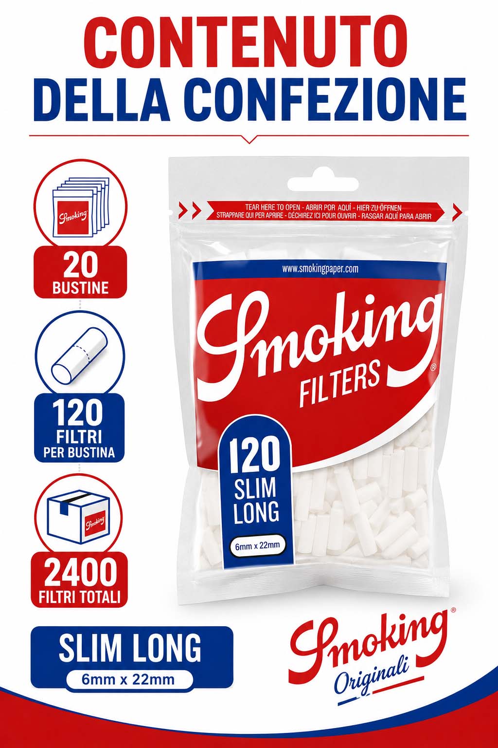 Filtri Smoking Slim Long 6mm Lunghi 22mm XL | 20 Bustine da 120 Filtri - immagine 2