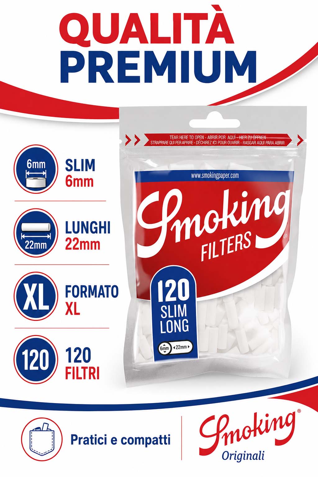 Filtri Smoking Slim Long 6mm Lunghi 22mm XL | 20 Bustine da 120 Filtri - immagine 3