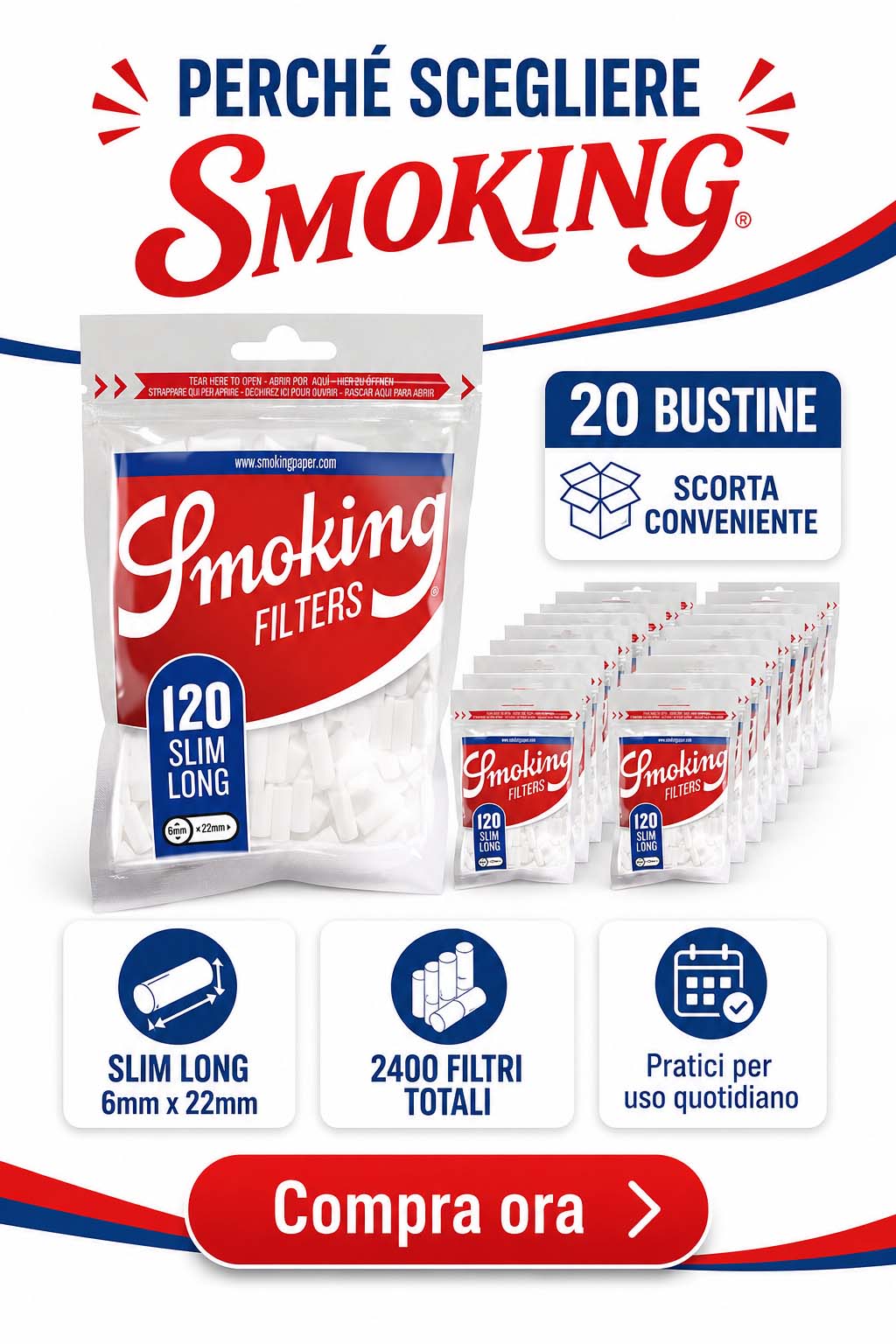 Filtri Smoking Slim Long 6mm Lunghi 22mm XL | 20 Bustine da 120 Filtri - immagine 4