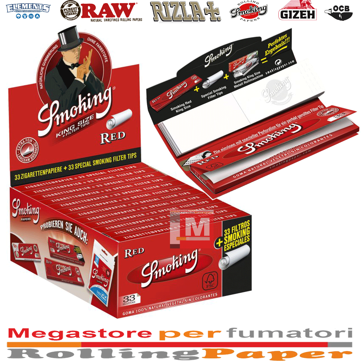 Cartine Smoking Red Rosse King Size Slim con Filtri in Carta – Box da 24 Libretti Combi
