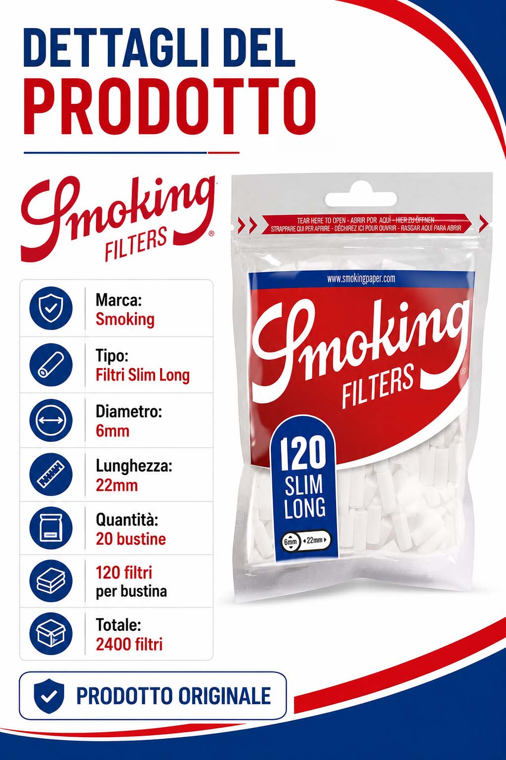 Filtri Smoking Slim Long 6mm Lunghi 22mm XL | 20 Bustine da 120 Filtri - immagine 5