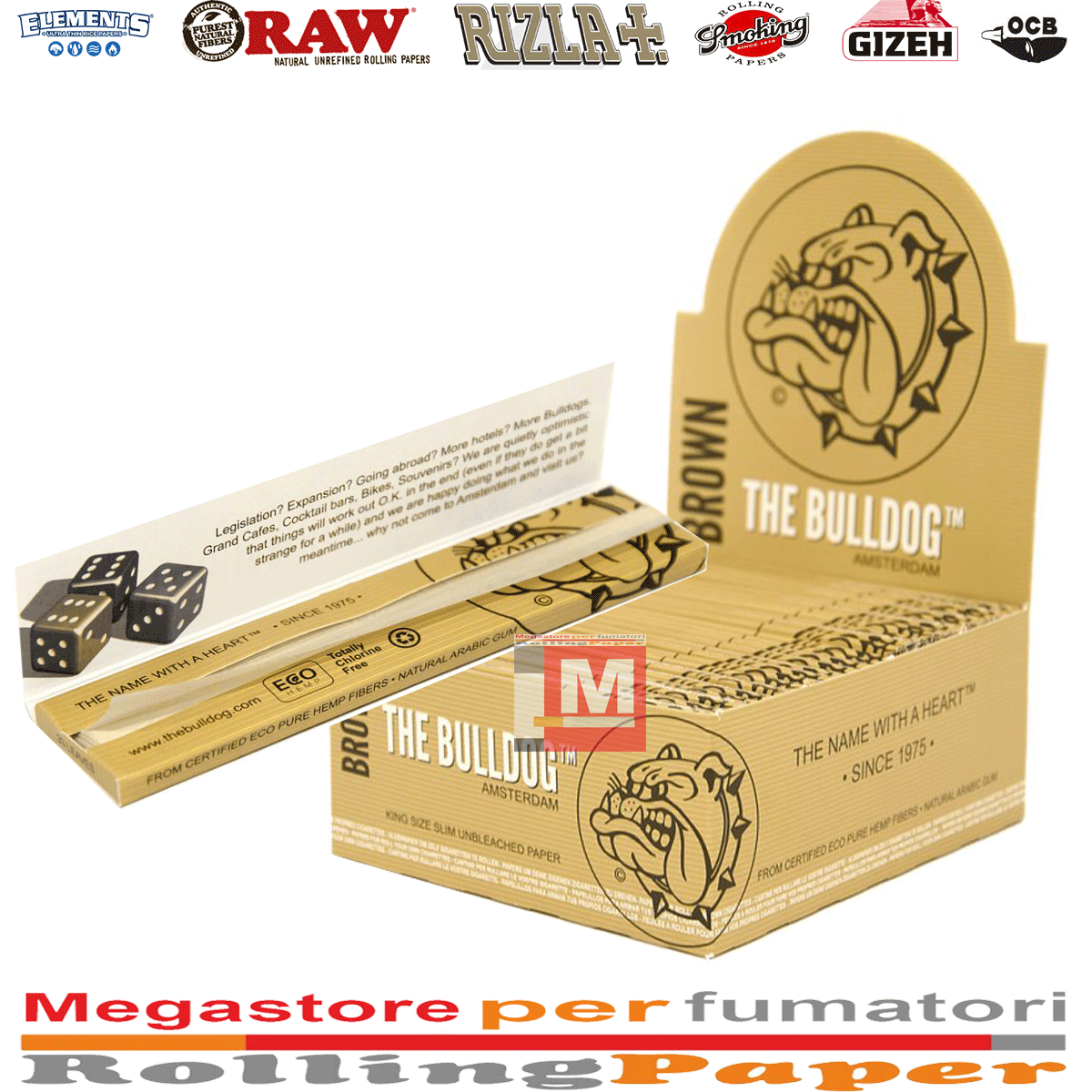 Cartine The Bulldog Brown – King Size Slim Lunghe Marroni Naturali, 50 Libretti
