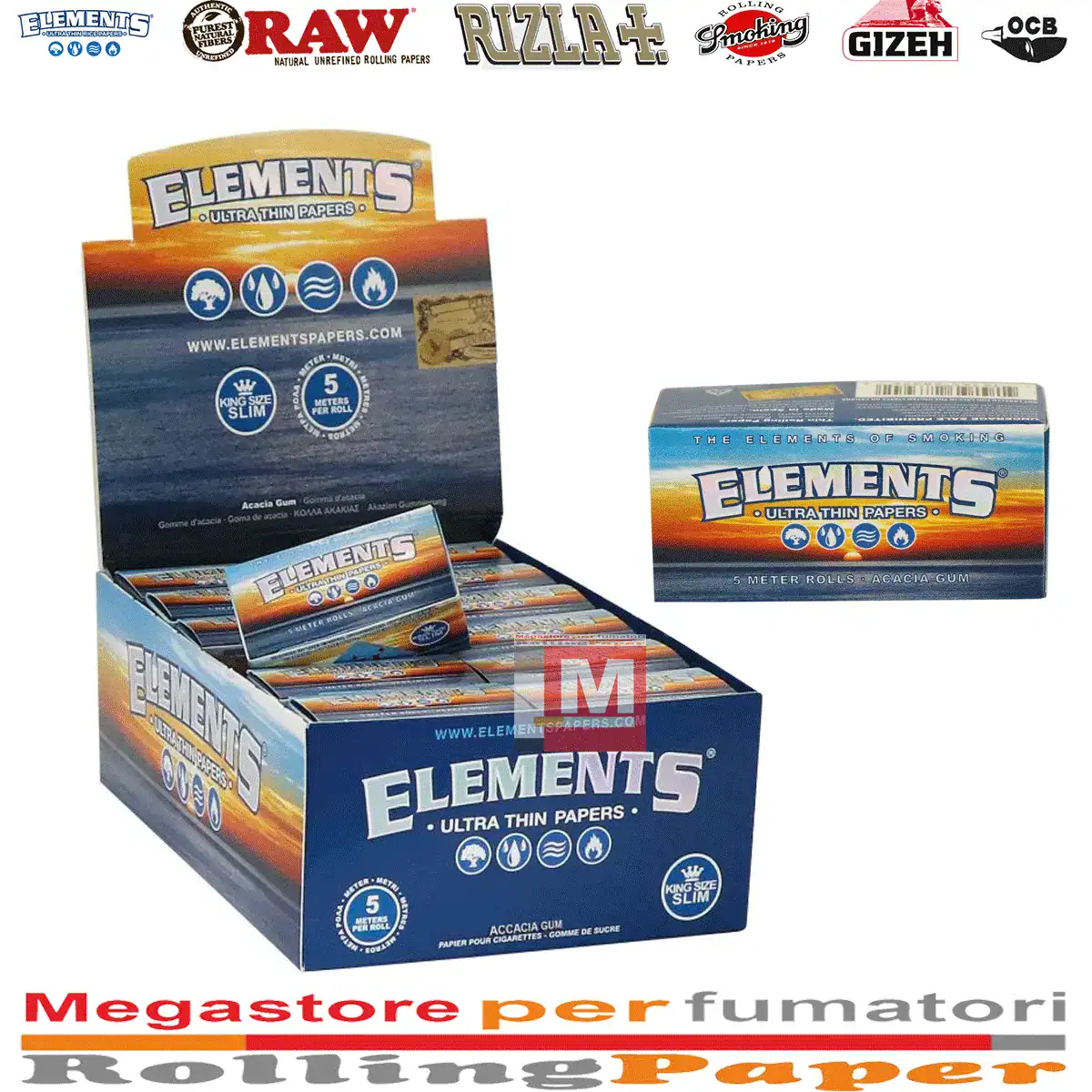 Elements Cartine Rolls Ultra Sottili – 5 Metri – King Size Slim – 24 Rotoli