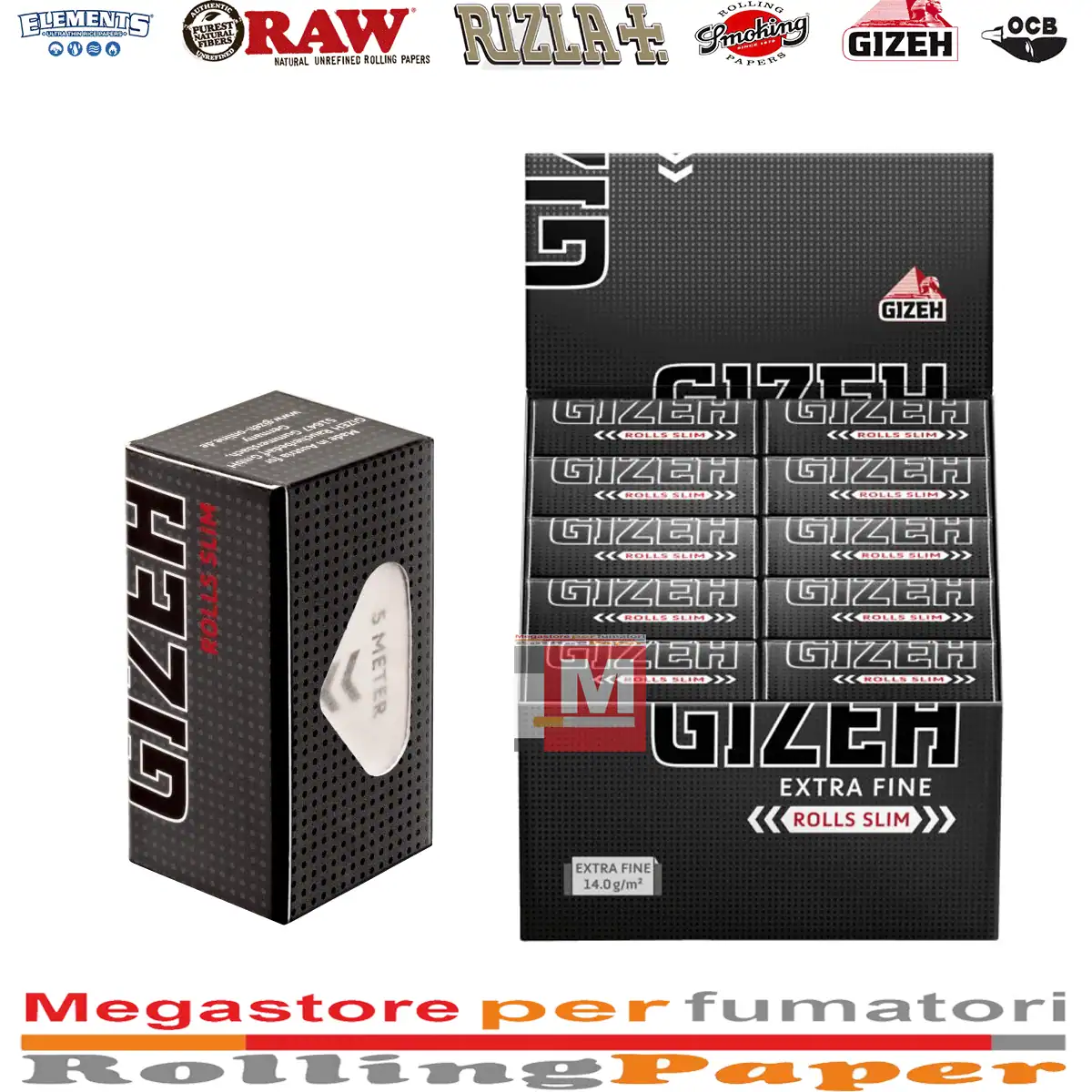 Gizeh Rolls Black Extra Fine Cartine Slim – 5 m Nero, Box da 20 Rotolini