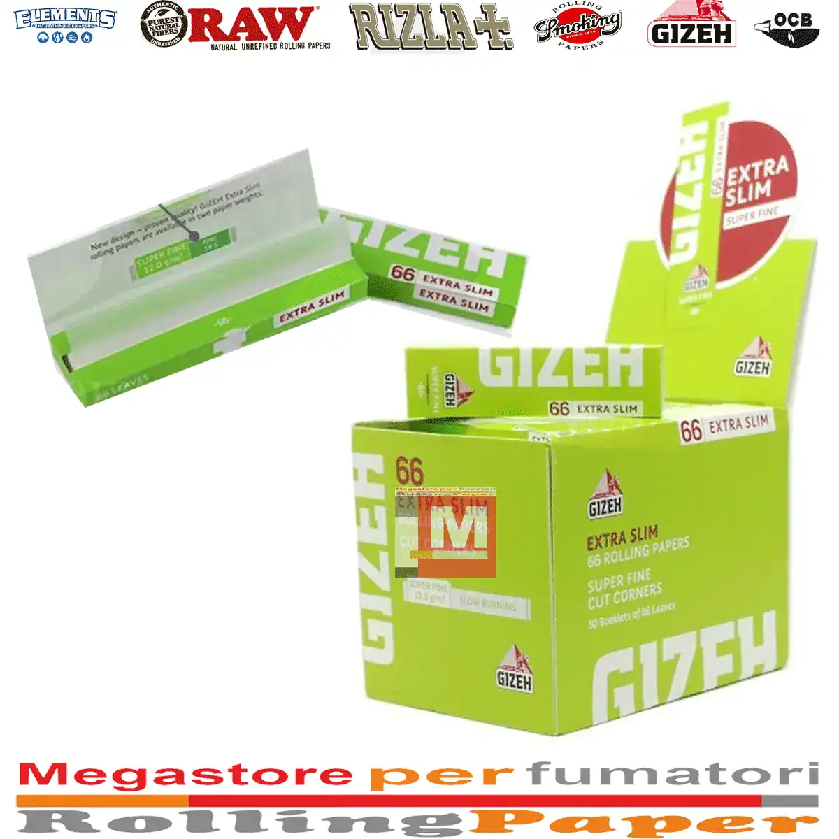 Gizeh Cartine Super Fine Corte Extra Slim Verdi – Box da 50 Libretti