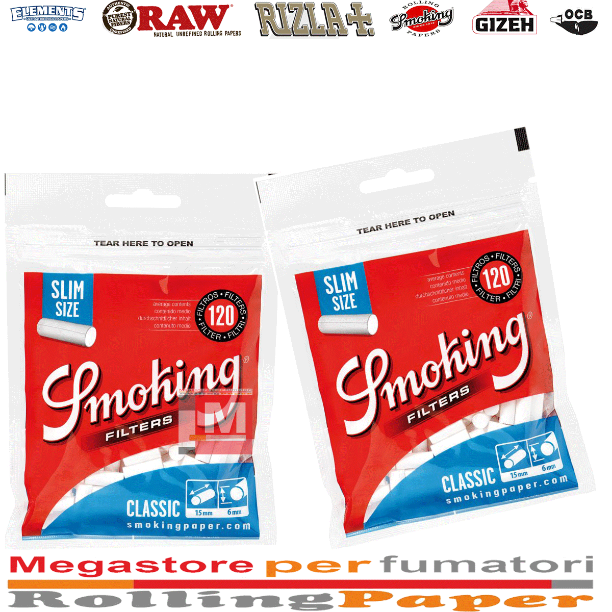 Filtri Smoking Classic Filter 6mm x 15mm Slim Size 20 sacchetti 120 Filtrini